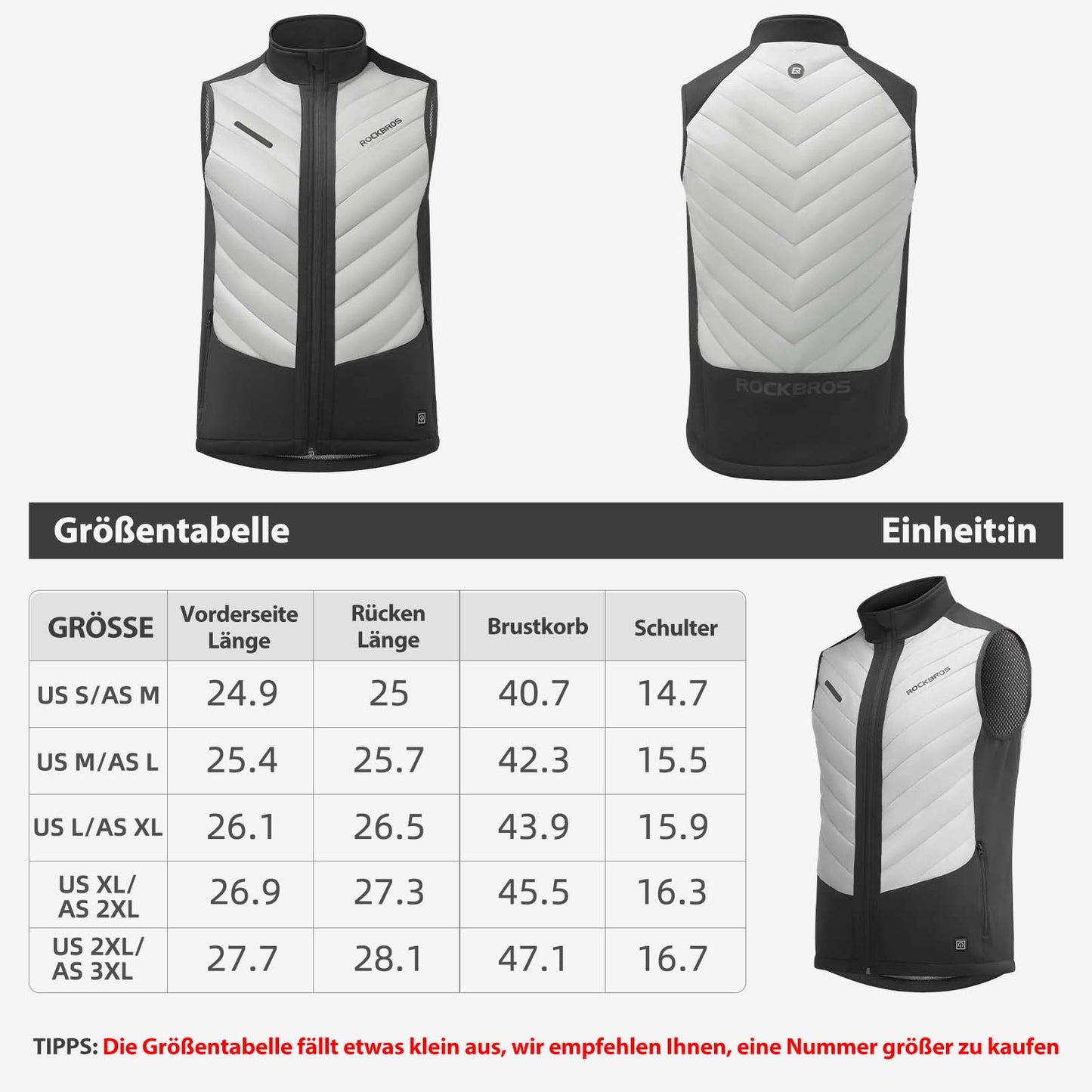 ROCKBROS Elektrisch verwarmd vest met 3 temperatuurinstellingen voor mannen/vrouwen