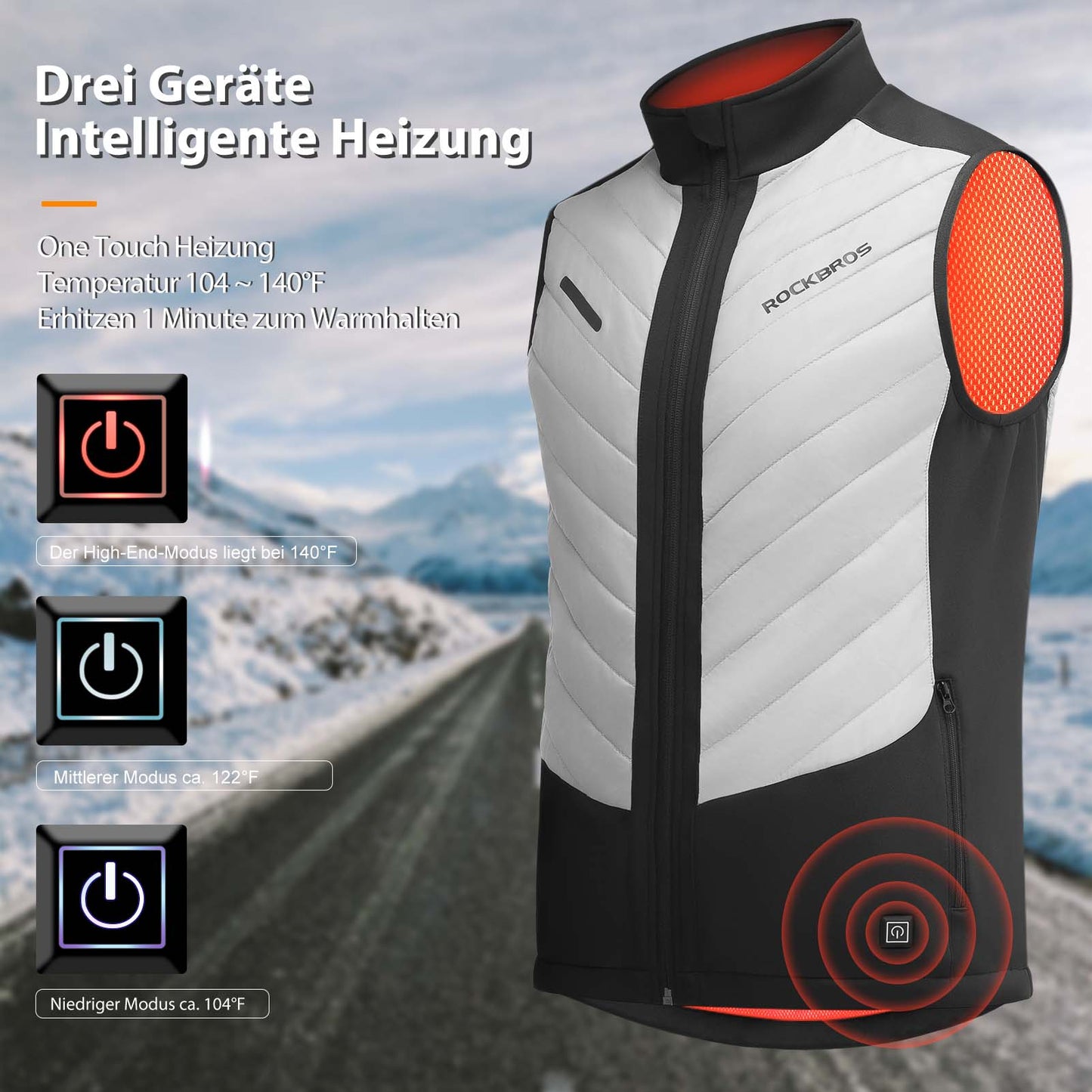 ROCKBROS Elektrisch verwarmd vest met 3 temperatuurinstellingen voor mannen/vrouwen