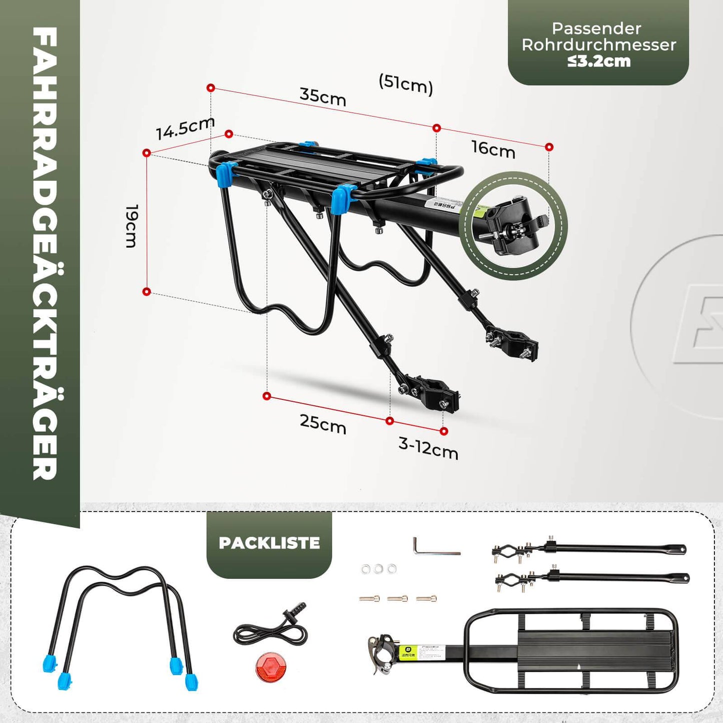 Fietsbagagedrager met reflector en snelsluiting, 24-29 inch, ROCKBROS