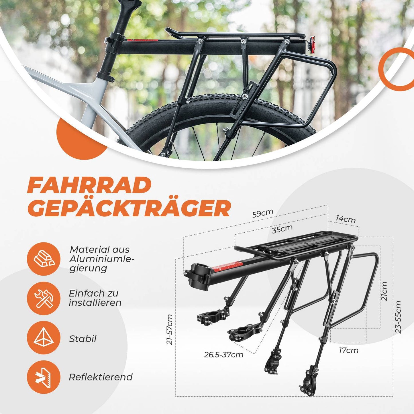 Verstelbare fietsbagagedrager met snelsluiting en reflector, ROCKBROS