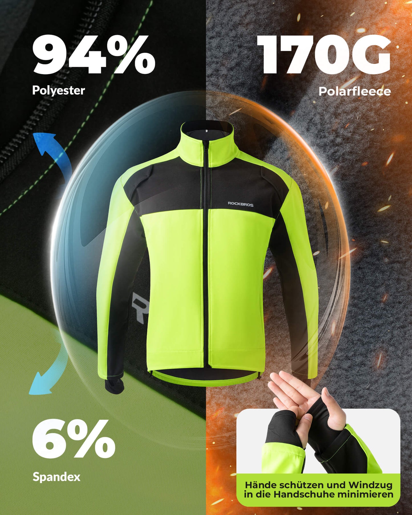 Fietsjas en -broek, winterfietspak, felgroen, ROCKBROS