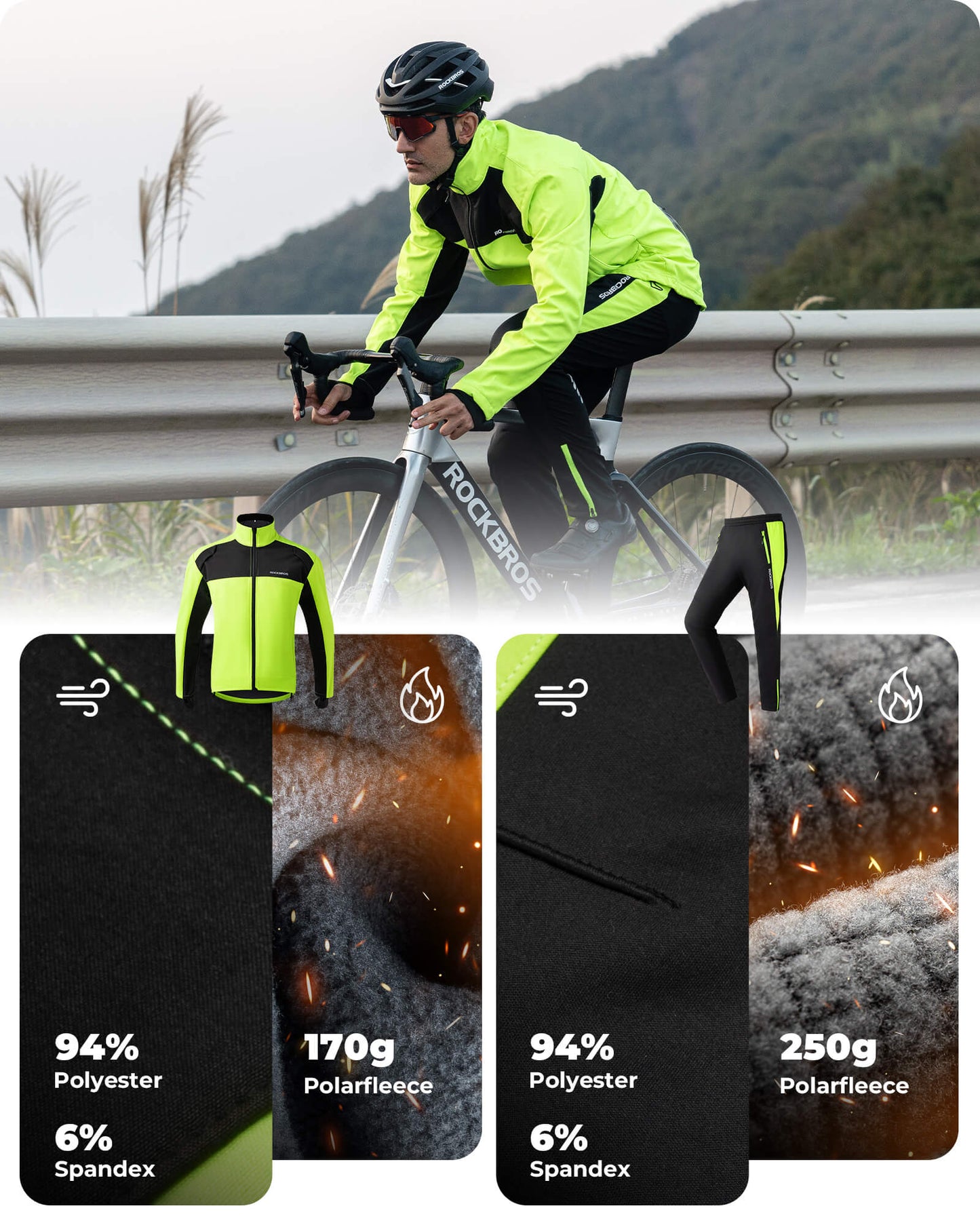 Fietsjas en -broek, winterfietspak, felgroen, ROCKBROS