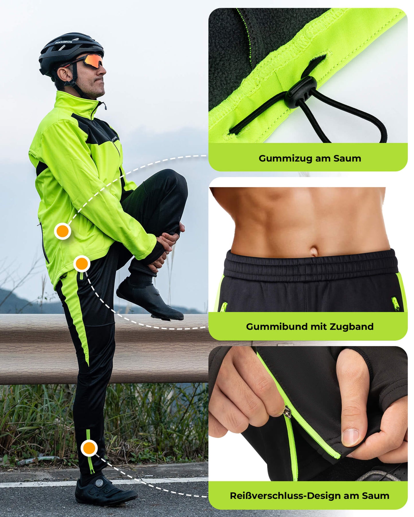 Fietsjas en -broek, winterfietspak, felgroen, ROCKBROS