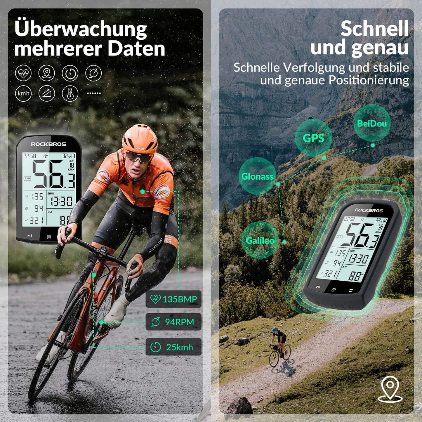Draadloze, waterdichte GPS-fietscomputer met snelheidsmeter en kilometerteller van ROCKBROS