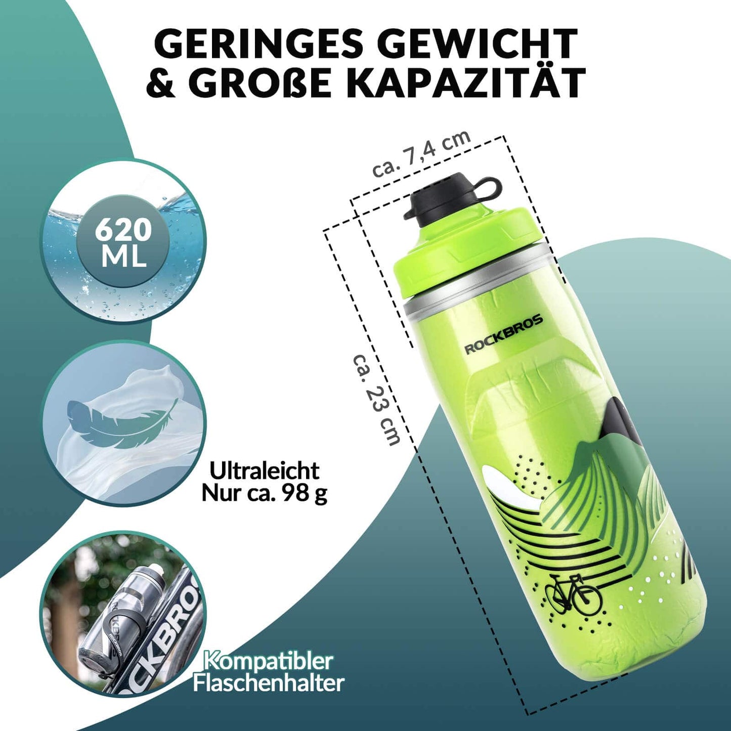 Fietsfles van 620 ml, sportfles met 5-uurs koelfunctie, ROCKBROS