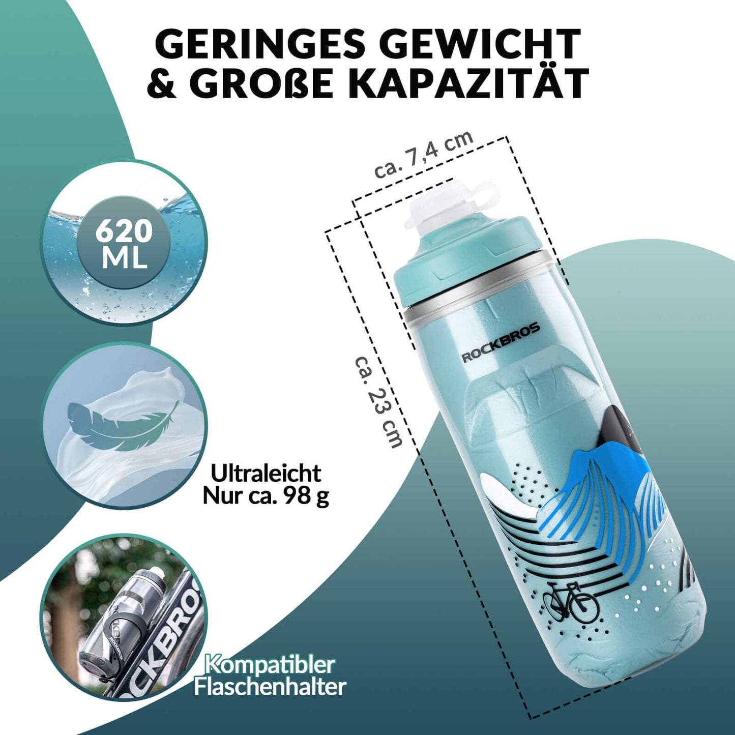 Fietsfles van 620 ml, sportfles met 5-uurs koelfunctie, ROCKBROS