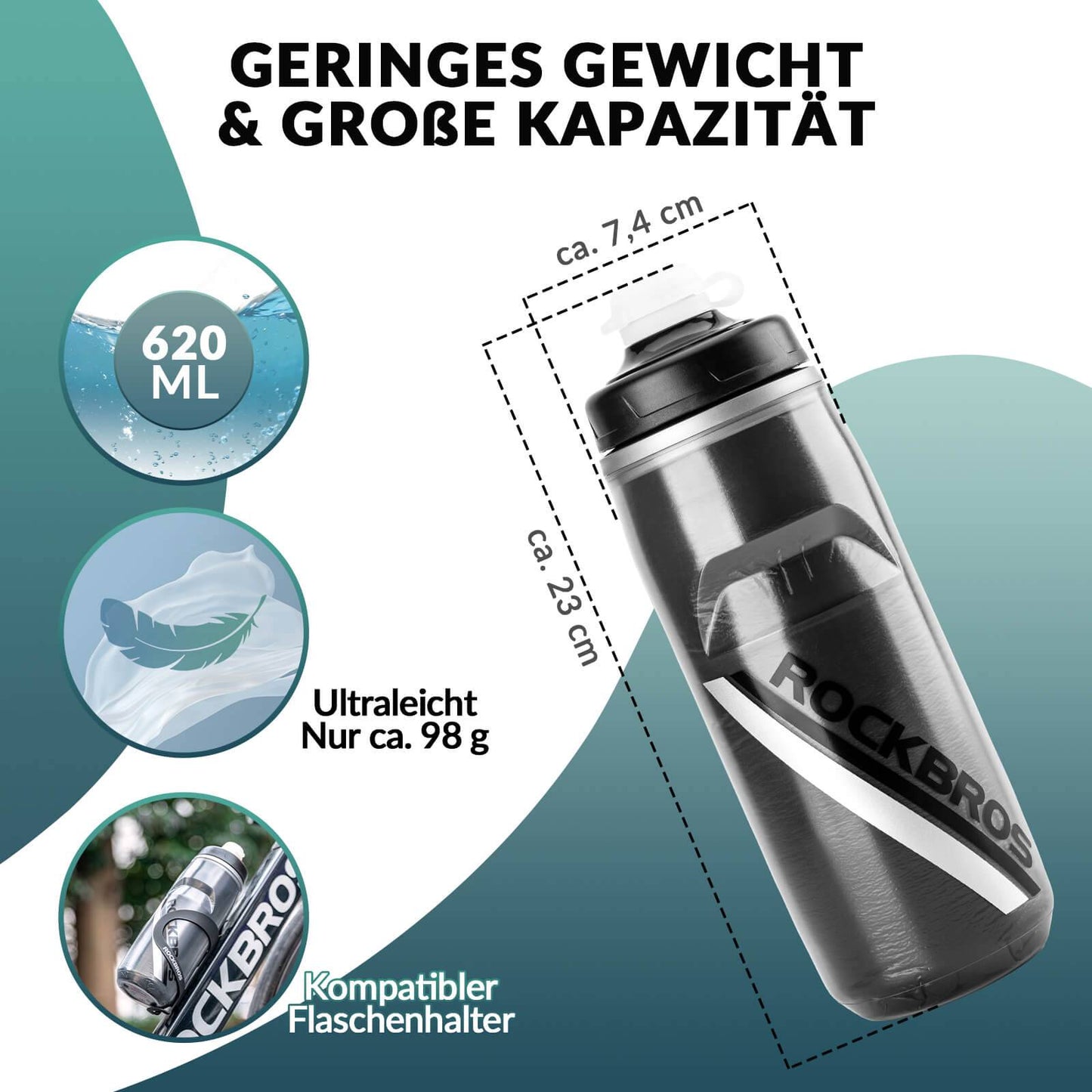 Fietsfles van 620 ml, sportfles met 5-uurs koelfunctie, ROCKBROS