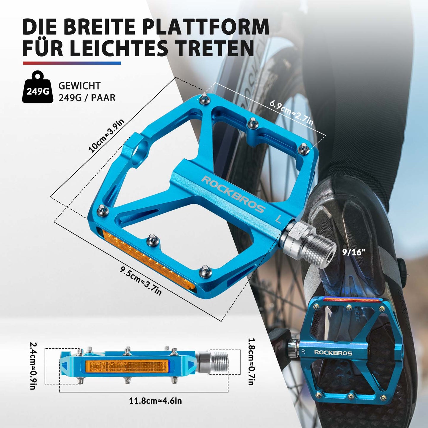Fietspedalen met reflectoren, gemaakt van aluminiumlegering, 9/16 inch, ROCKBROS