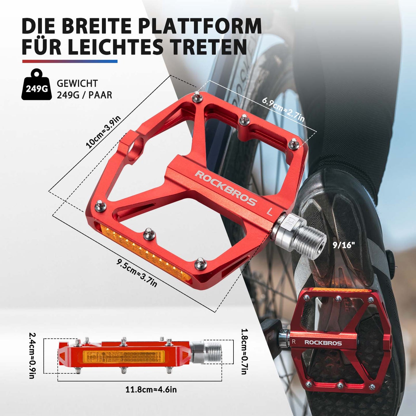 Fietspedalen met reflectoren, gemaakt van aluminiumlegering, 9/16 inch, ROCKBROS