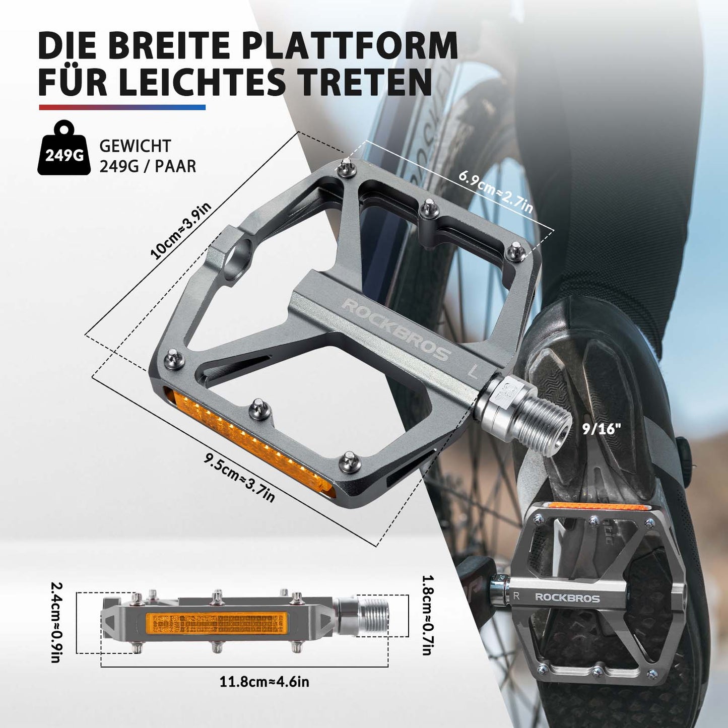 Fietspedalen met reflectoren, gemaakt van aluminiumlegering, 9/16 inch, ROCKBROS