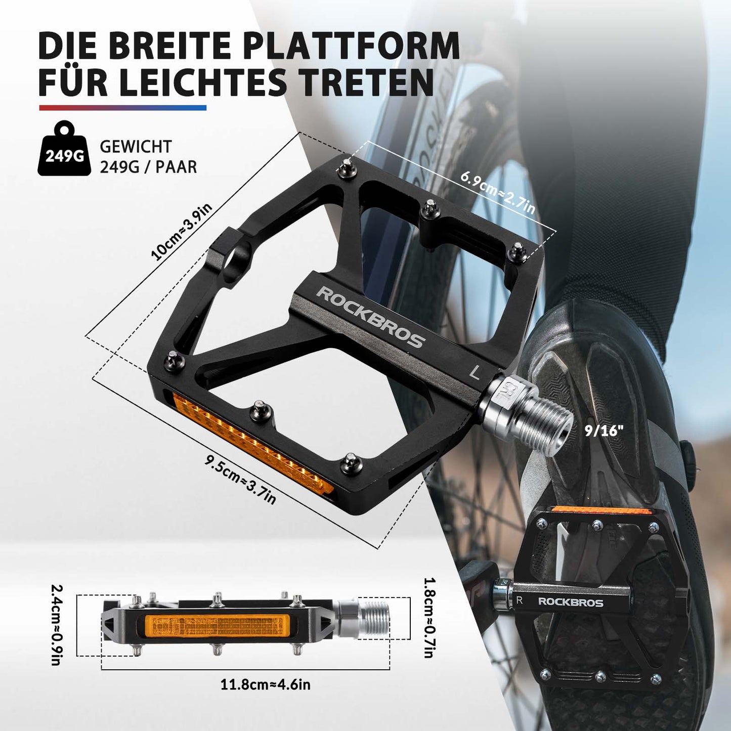 Fietspedalen met reflectoren, gemaakt van aluminiumlegering, 9/16 inch, ROCKBROS