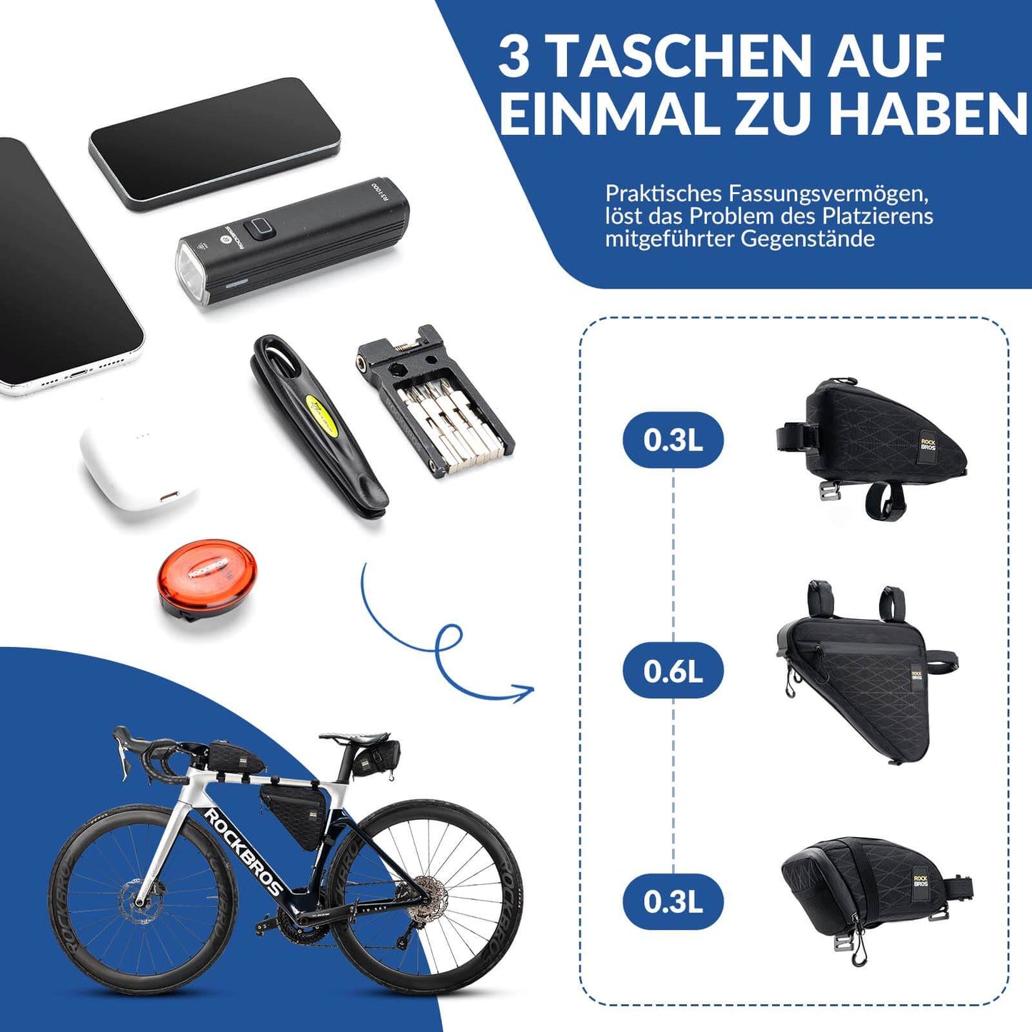 Fietstassenset: frametas*2 + zadeltas*1 met verstelbare schouderriem, 1,2 liter, ROCKBROS