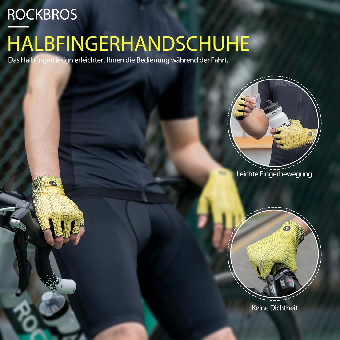Fietshandschoenen met halve vingers, antislip, elastisch, unisex, geel, maten M-XXL, ROCKBROS
