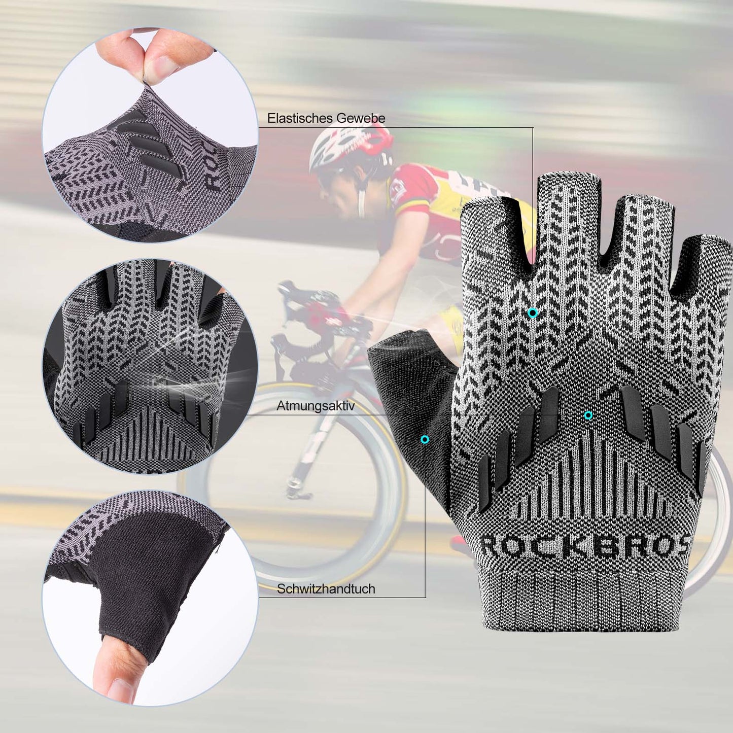 Schokabsorberende fietshandschoenen met halve vingers voor de zomer, herenmodel, ROCKBROS