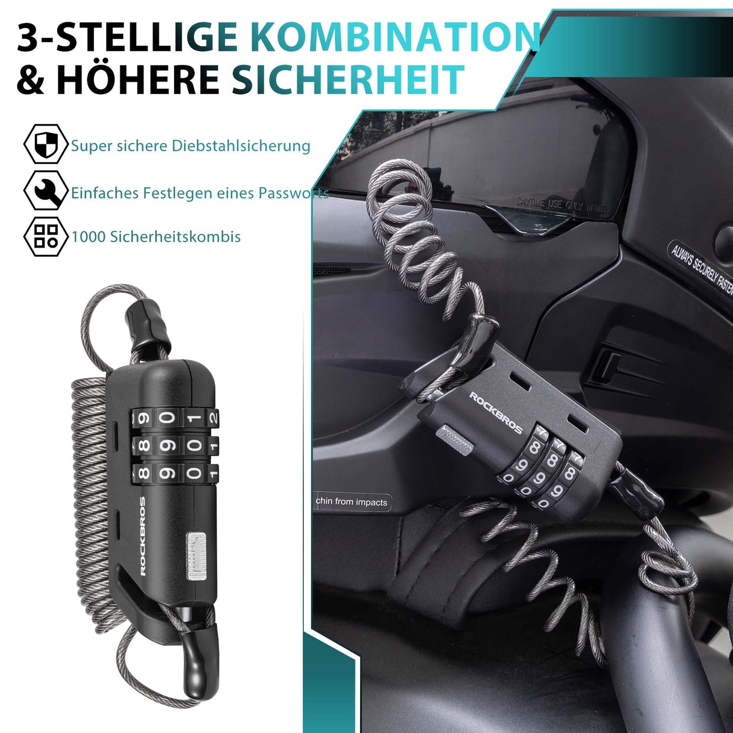 Helmslot 150 cm 3-cijferig combinatieslot ROCKBROS