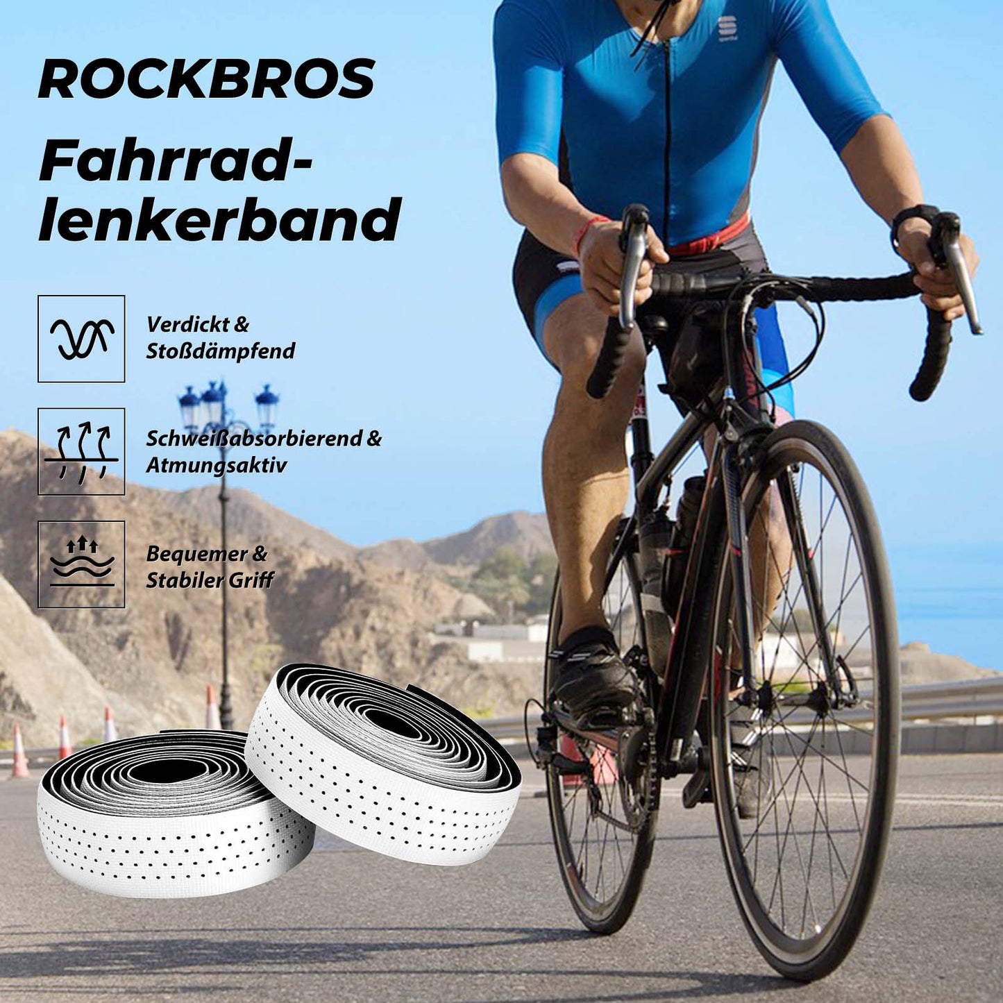 Stuurlint voor racefietsen, antislip, schokabsorberend, 2 rollen, ROCKBROS