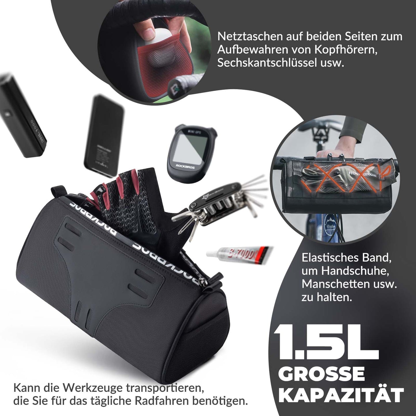 Stuurtas Multifunctionele fietstas voor aan het stuur met schouderriem 1,5L ROCKBROS