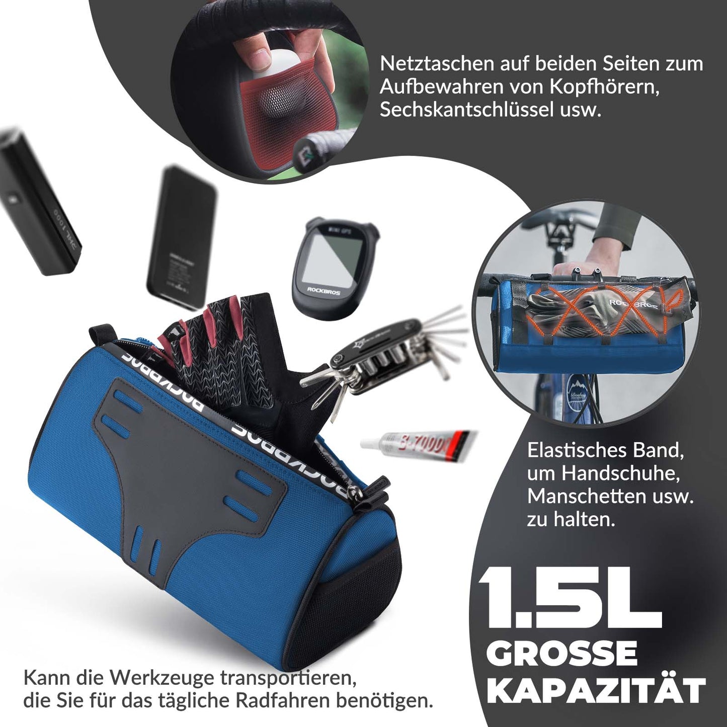 Stuurtas Multifunctionele fietstas voor aan het stuur met schouderriem 1,5L ROCKBROS
