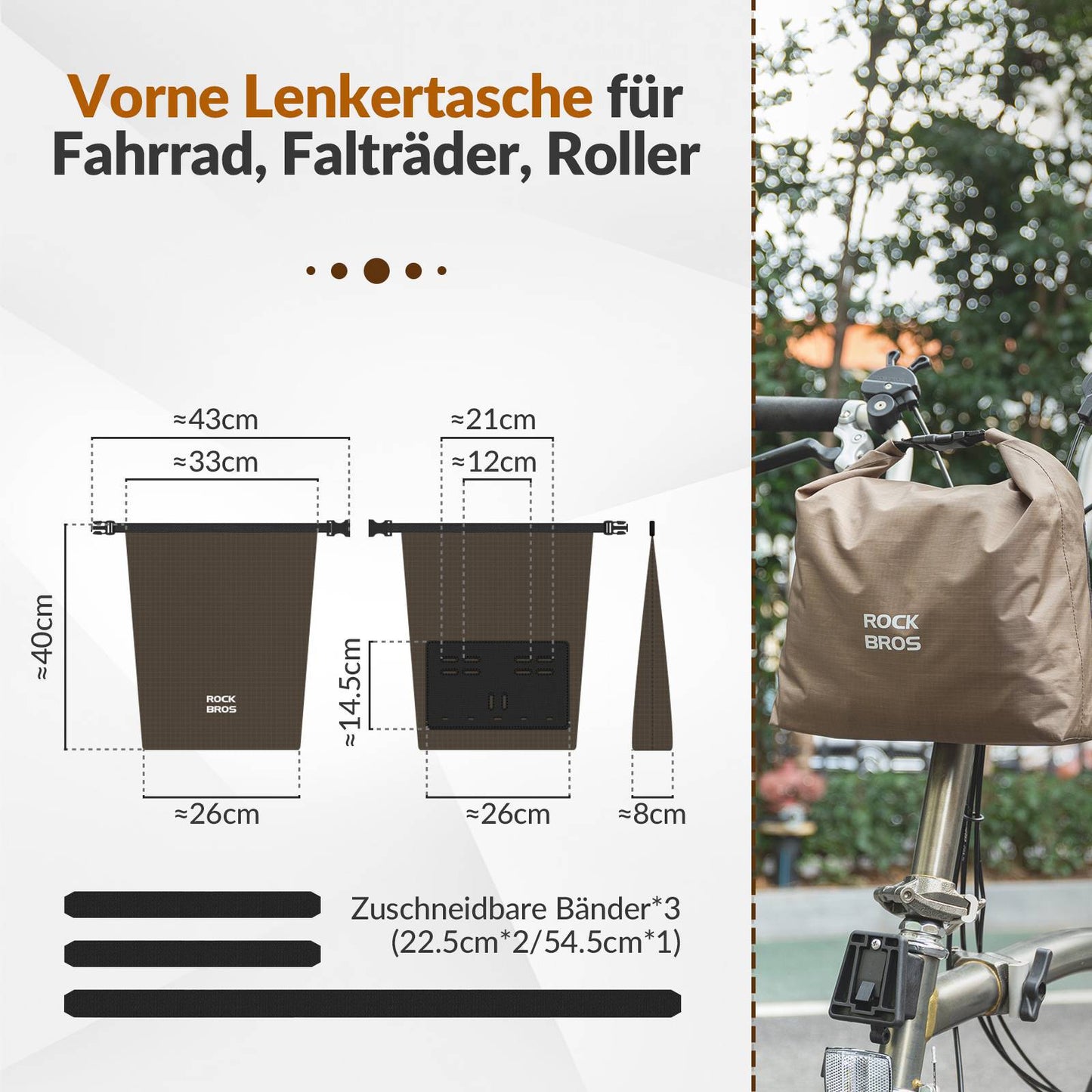 Stuurtas, waterdichte fietsmand, voortas, verstelbaar 2,5L-4L, ROCKBROS