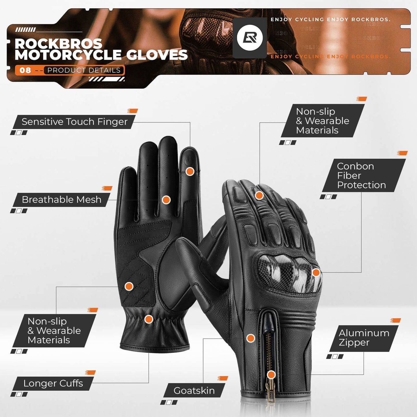 Motorhandschoenen, touchscreen, leer, volledige vingers, ademend, ROCKBROS