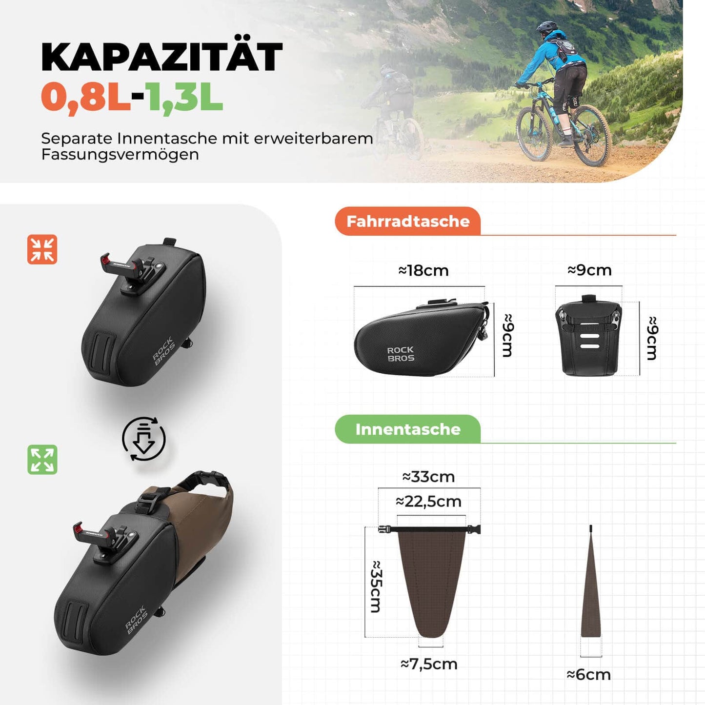 Zadeltas, waterdichte fietstas, uitbreidbaar met binnenvak, ROCKBROS