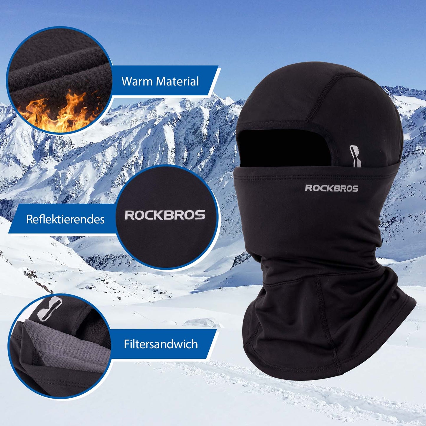 Balaclava, winddichte muts voor onder de helm, gemaakt van warm fleece, zwart, ROCKBROS