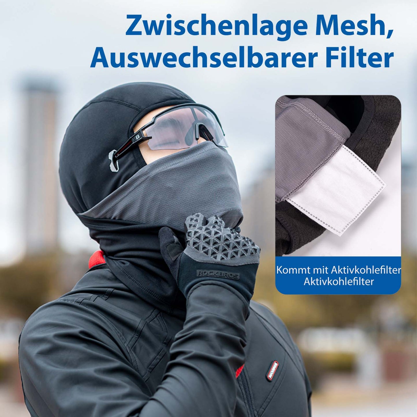 Balaclava, winddichte muts voor onder de helm, gemaakt van warm fleece, zwart, ROCKBROS