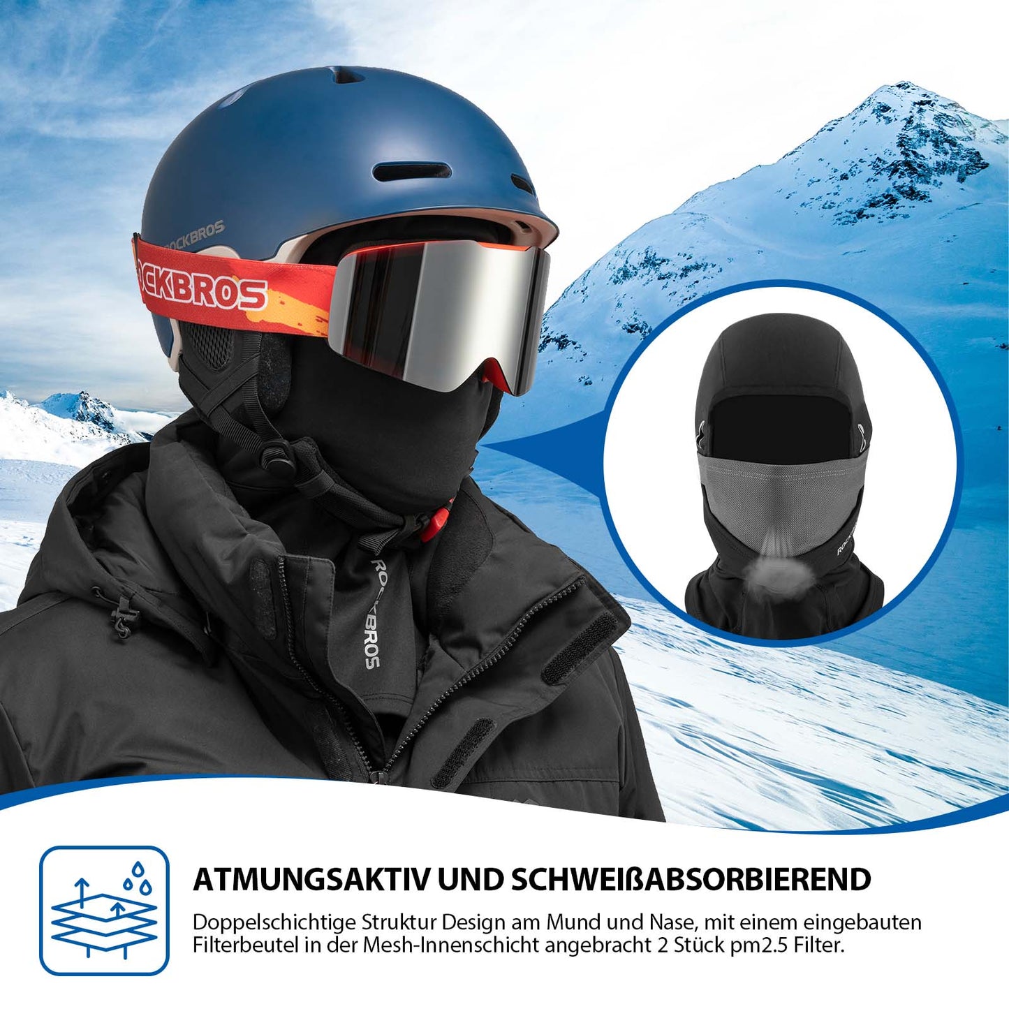 Balaclava, winddichte muts voor onder de helm, gemaakt van warm fleece, zwart, ROCKBROS