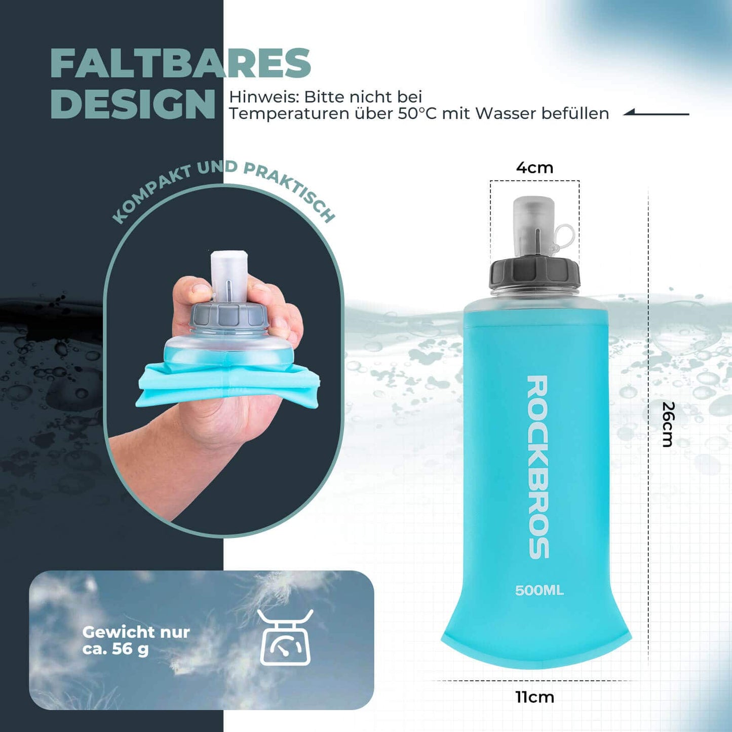 Opvouwbare waterfles van 500 ml voor hardlopen, wandelen en fietsen van ROCKBROS