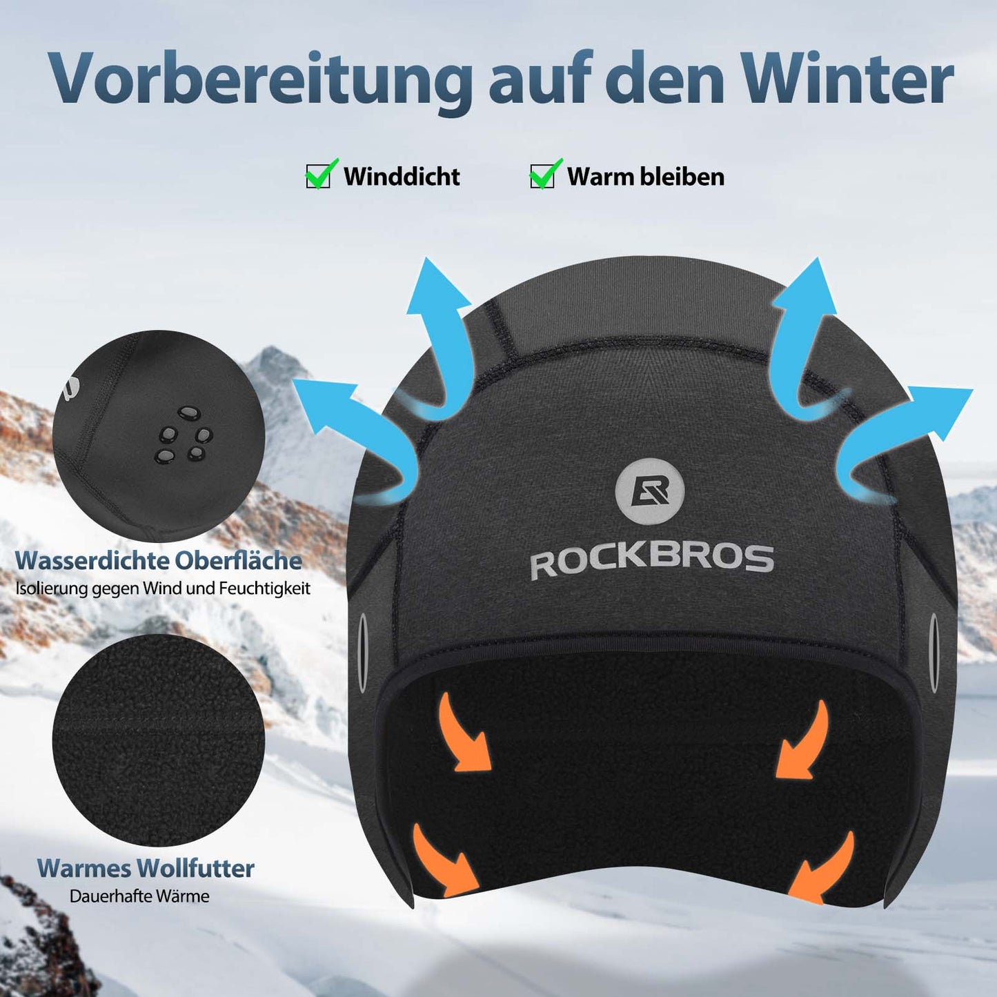 Winterfietsmuts, winddichte helmmuts met openingen voor een bril, ROCKBROS