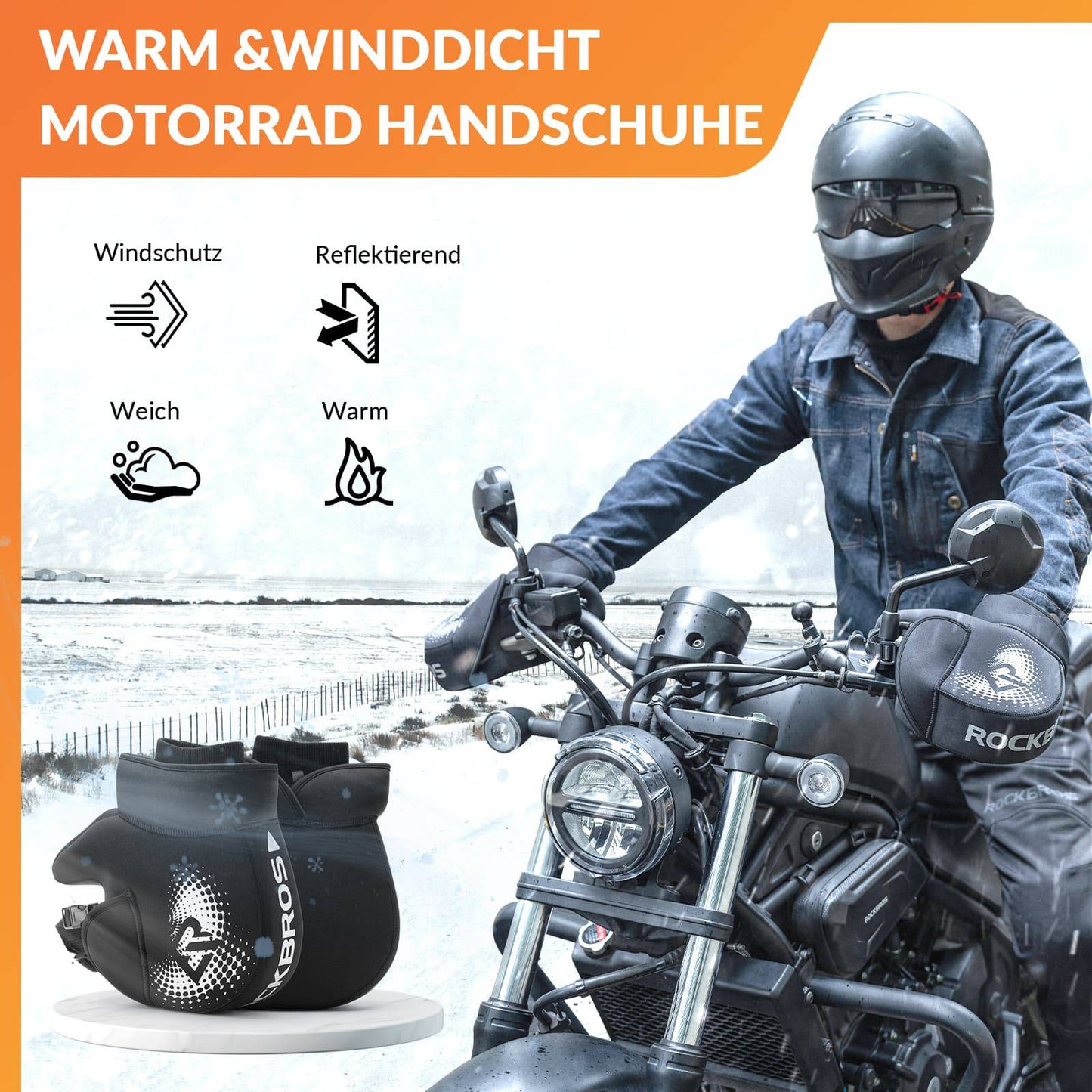 Winterstuurhoezen, winddichte motorhandschoenen, zwart, ROCKBROS