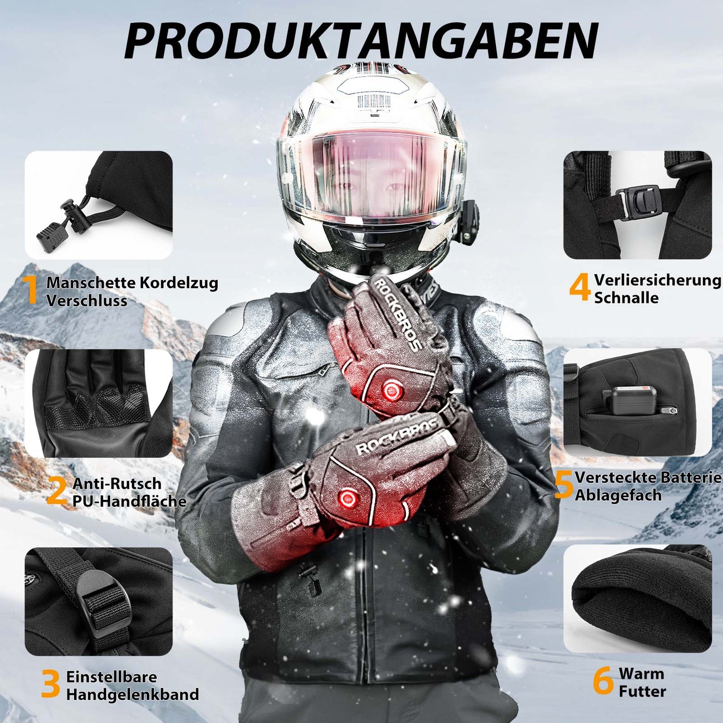Winter skihandschoenen, oplaadbare verwarmde handschoenen, zwart, ROCKBROS
