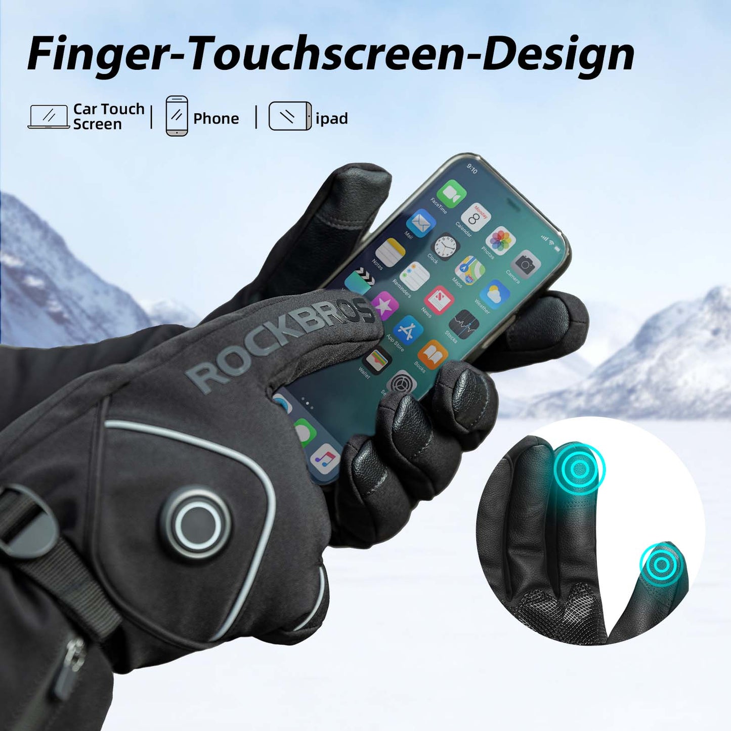 Winter skihandschoenen, oplaadbare verwarmde handschoenen, zwart, ROCKBROS