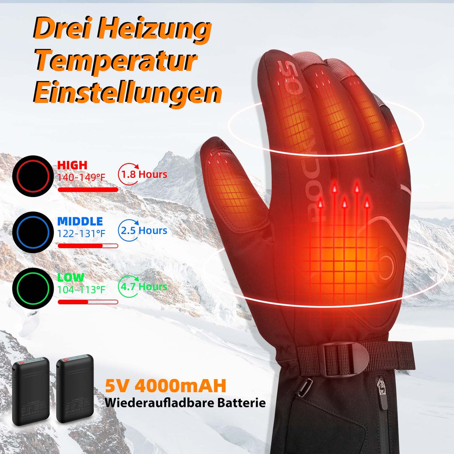 Winter skihandschoenen, oplaadbare verwarmde handschoenen, zwart, ROCKBROS