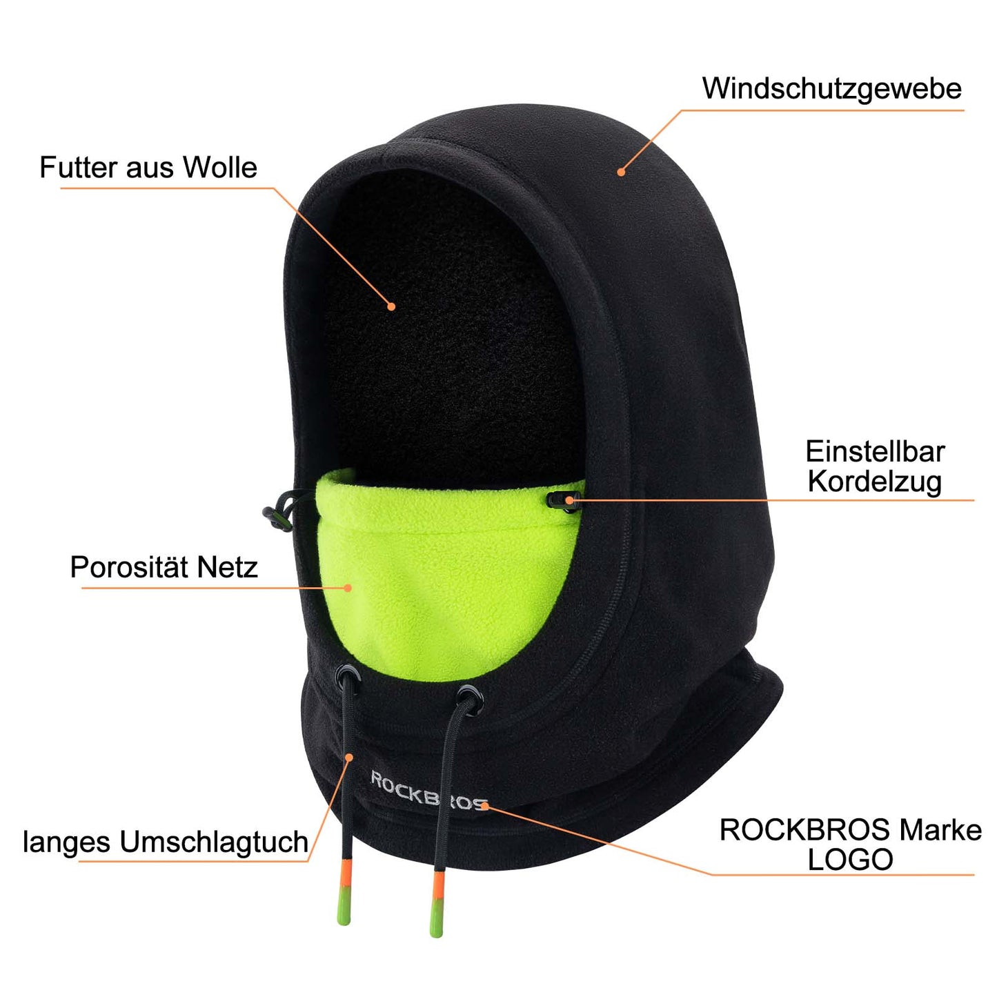 Winter skimasker/bivakmuts van fleece voor dames en heren, zwart/groen, ROCKBROS