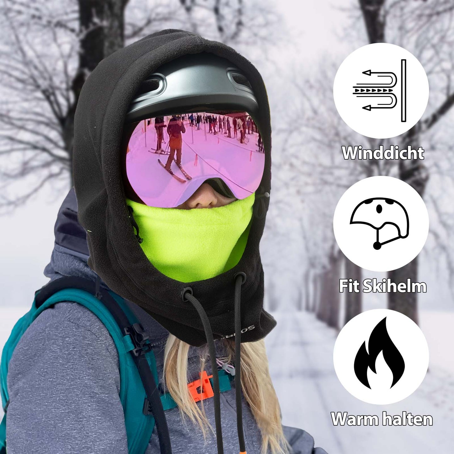 Winter skimasker/bivakmuts van fleece voor dames en heren, zwart/groen, ROCKBROS