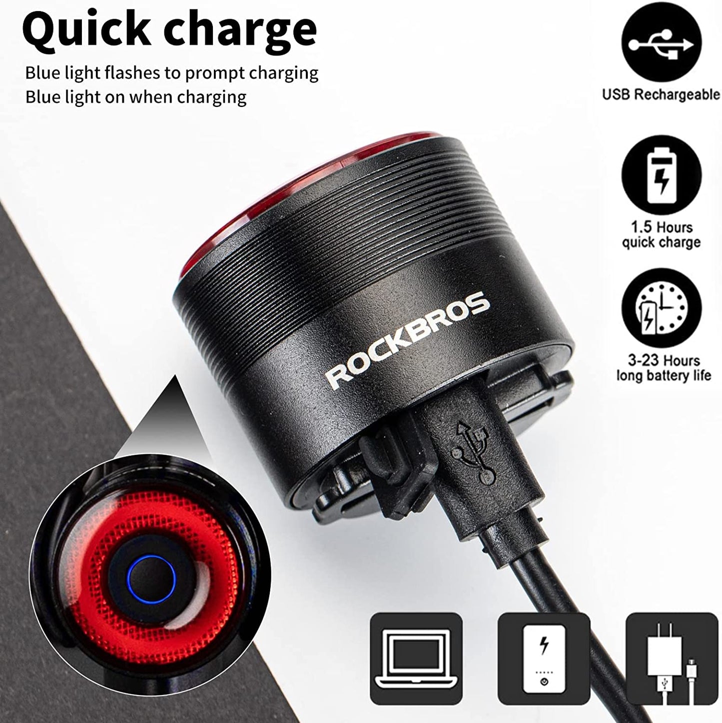 ROCKBROS Intelligent oplaadbaar fietsachterlicht 4 standen IPX6 waterdicht