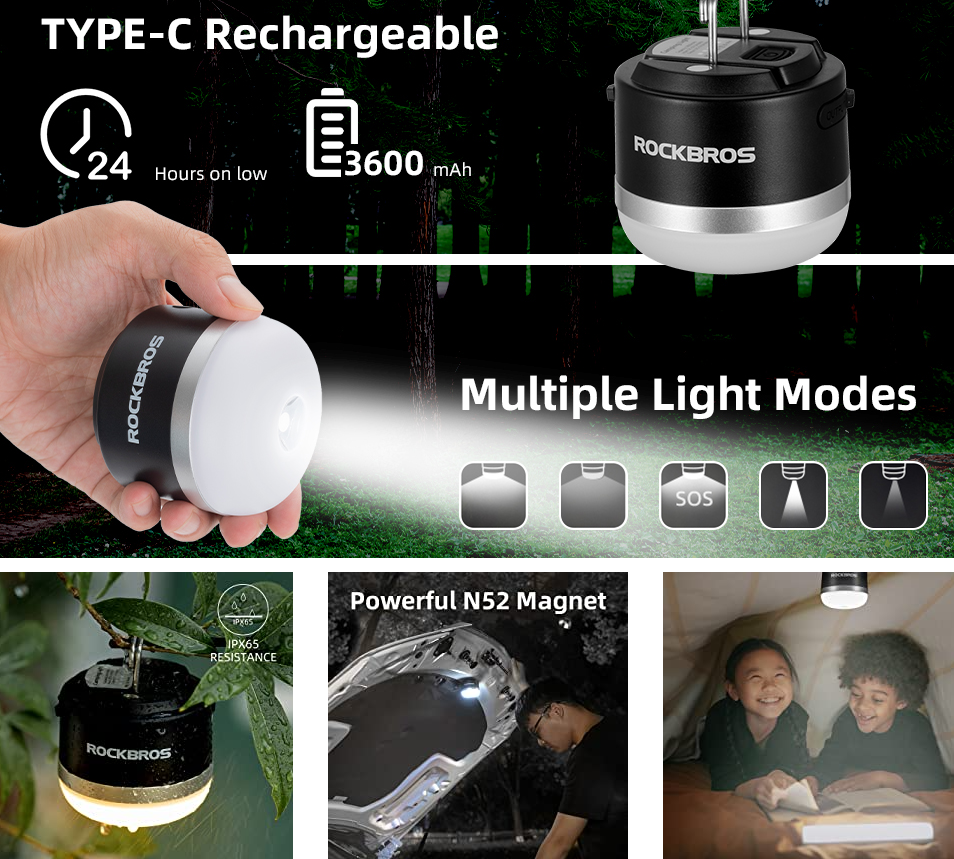 ROCKBROS Outdoor Camping Lantaarn USB Zaklampen 600 Lumen IPX65 LED Licht Oplaadbare Batterij